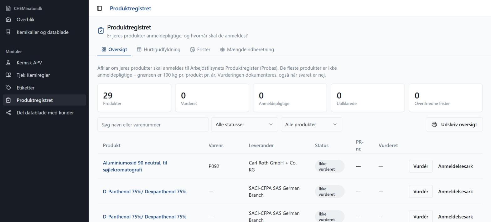 Produktregistret-modulet i CHEMinator med status, frister og anmeldelsesark