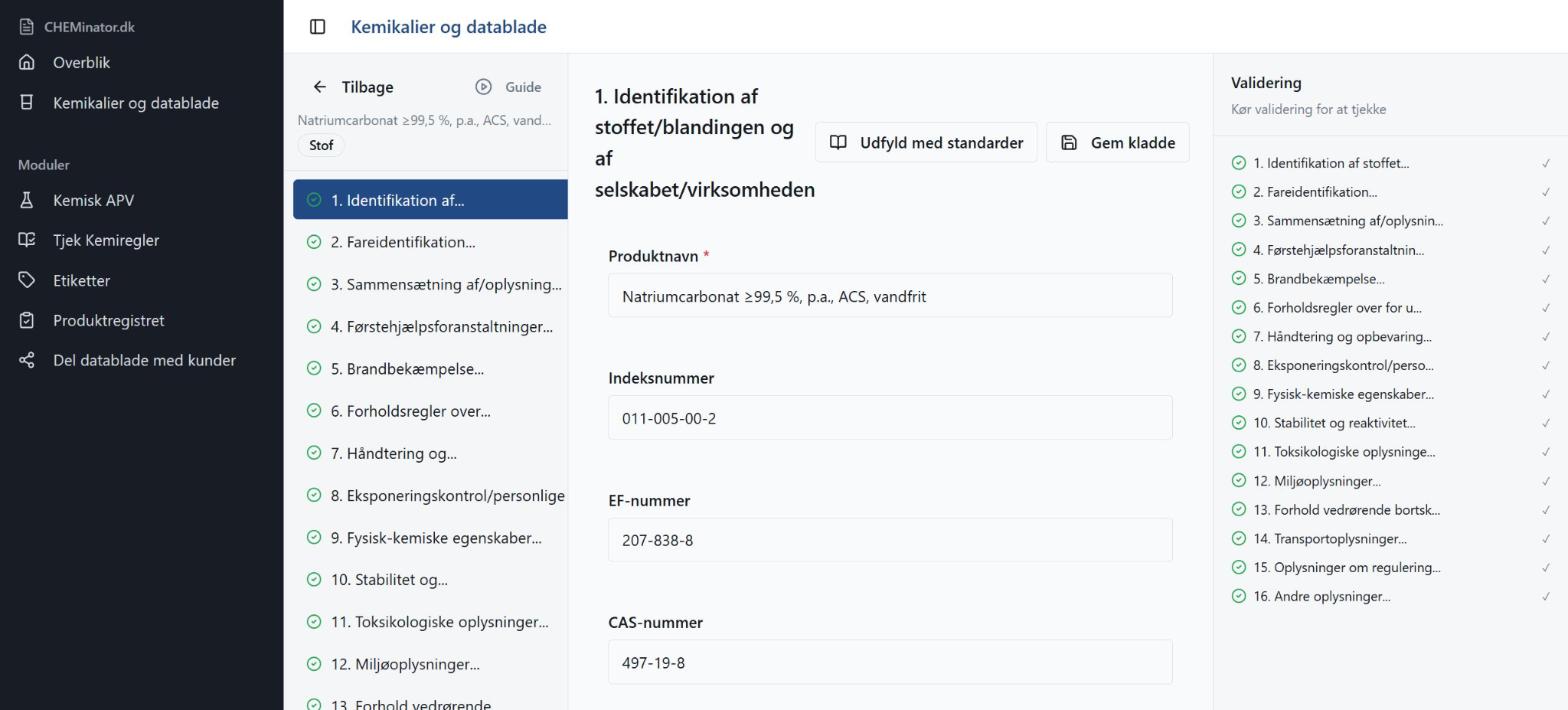 SDS-editoren i CHEMinator opbygget efter sikkerhedsdatabladets 16 afsnit
