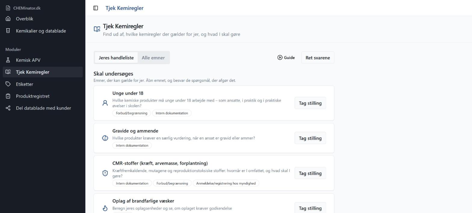 Tjek Kemiregler i CHEMinator med handleliste opdelt i skal gøres og skal undersøges