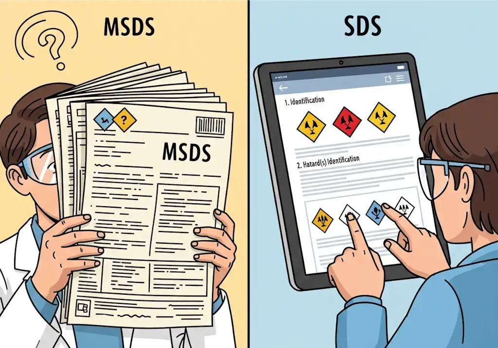 Hvad er forskellen på MSDS og SDS? Læs en enkel og grundig forklaring på sikkerhedsdatablade, kemisk sikkerhed og hvorfor SDS er vigtigt i dag.