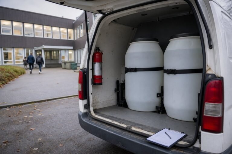 Varevogn med fastsurrede tromler og håndildslukker klar til transport af kemikalieaffald