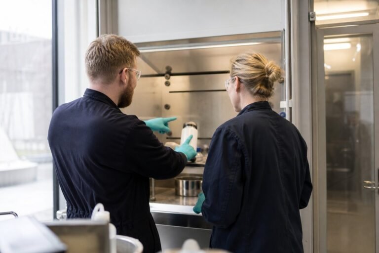 To medarbejdere ved et udsugningsskab under instruktion i kemikaliehåndtering