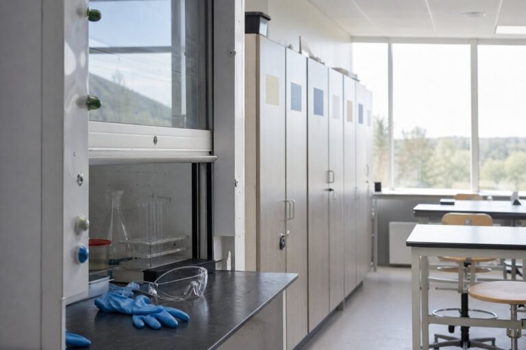 Naturfagslokale på en dansk skole med stinkskab, beskyttelsesbriller og nitrilhandsker på bordet og aflåst kemikalieskab