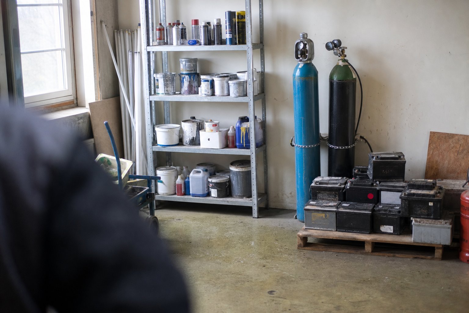Depotrum på uddannelsesinstitution med maling, spraydåser, batterier og trykflasker
